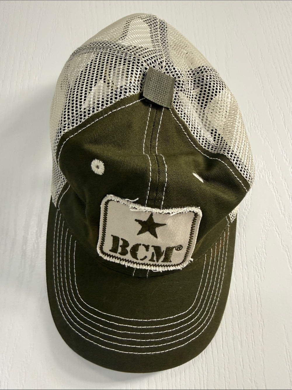 BCM Tactical Distressed Olive Green & Cream Mesh Trucker Cap